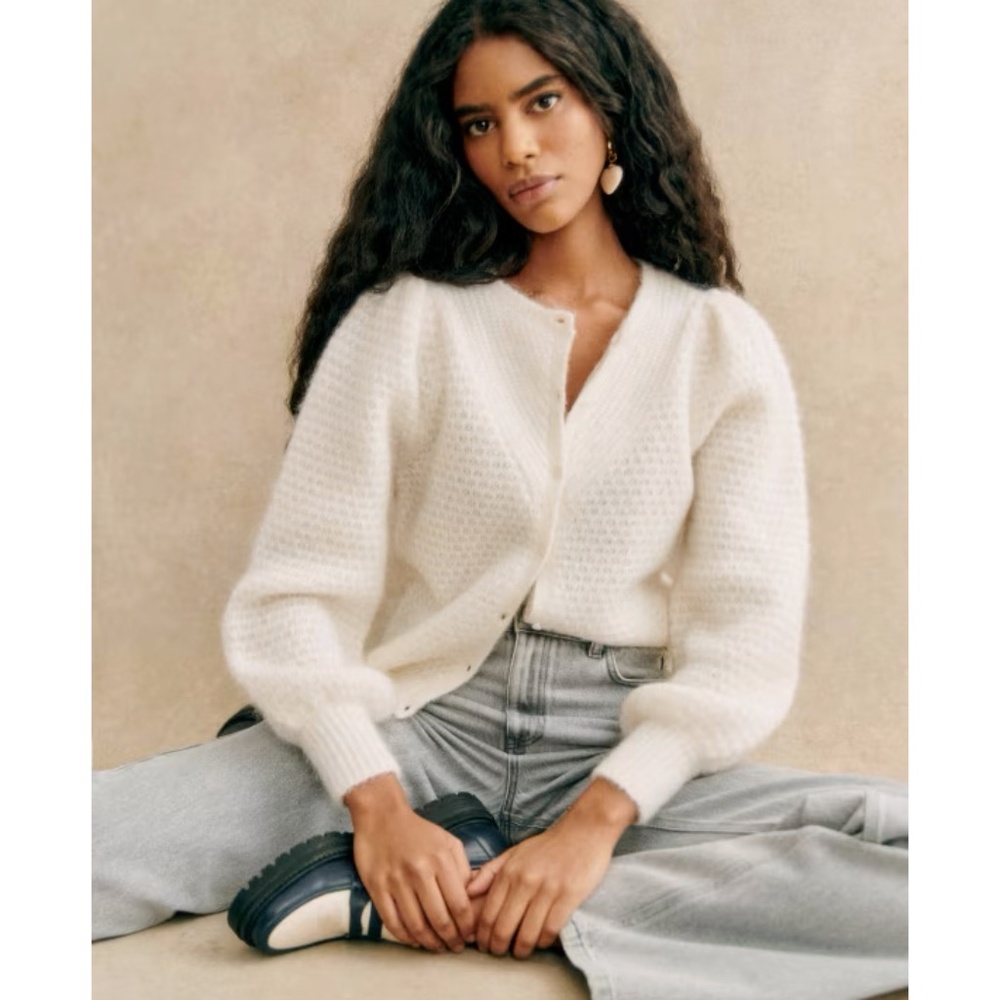 Sézane Solena Mohair Cardigan Sweater in Ecru